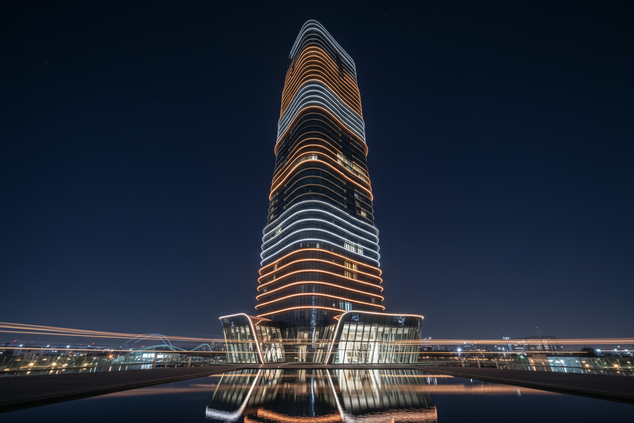 Modern curved glass tower at night with warm amber and cool white LED strips tracing flowing curves
